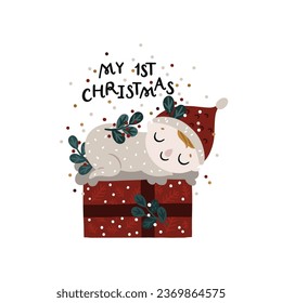 My first Christmas greeting card, Cute newborn baby boy illustration with a red gift and Santa hat.