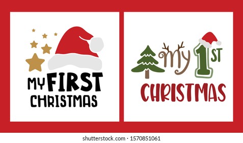 My First Christmas Pack. Funny Holiday Tree, Xmas Lights And Santa's Hat. Vector Illustration Isolated On White Background For Tshirt Designs, Baby Prints And Decoration.