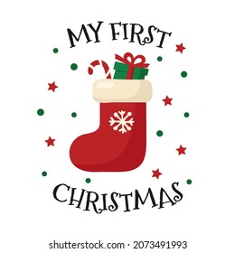 My first Christmas. Christmas sock. Vector illustration