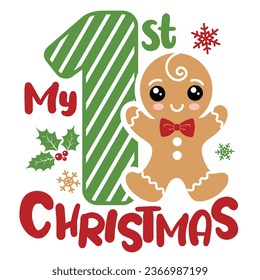 My first Christmas vector illustration with cute boy ginger men. Kids Christmas design isolated good for Xmas greetings cards, poster, print, sticker, invitations, baby t-shirt, mug, gifts.