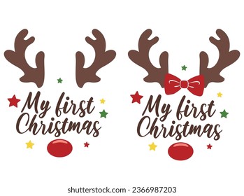 My first Christmas vector illustration with cute deer face. Kids Christmas design isolated good for Xmas greetings cards, poster, print, sticker, invitations, baby t-shirt, mug, gifts.