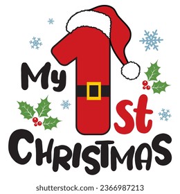 My first Christmas vector illustration with Santa hat number. Kids Christmas number design isolated good for Xmas greetings cards, poster, print, sticker, invitations, baby t-shirt, mug, gifts.
