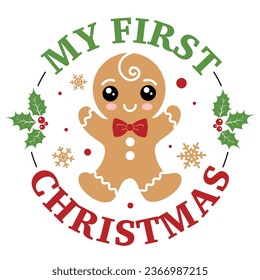 My first Christmas vector illustration with cute boy ginger men. Kids Christmas design isolated good for Xmas greetings cards, poster, print, sticker, invitations, baby t-shirt, mug, gifts.