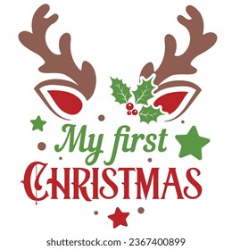 My first Christmas vector illustration with cute deer face. Kids Christmas design isolated good for Xmas greetings cards, poster, print, sticker, invitations, baby t-shirt, mug, gifts.