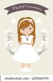 my first communion. beautiful girl with communion dress and flower frame