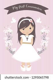 my first communion. beautiful girl with communion dress and flower frame