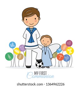 my first communion. boy with angel