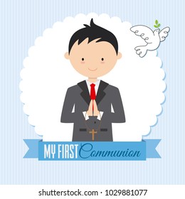 my first communion boy. Card boy praying and a pigeon flying