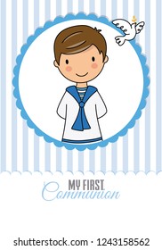 my first communion boy. child inside frame. space for text