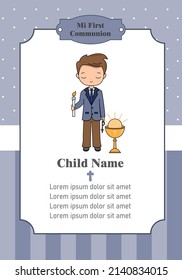 My first communion boy. Child with candle and chalice.