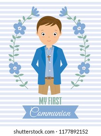 my first communion boy. Children card communion dress in a flower frame