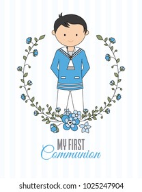 my first communion boy. Boy with communion dress and flower frame