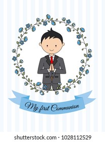 my first communion boy. Boy with communion dress and flower frame  svg