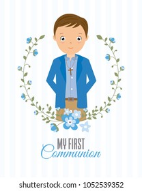 my first communion boy. boy with communion dress and flower frame