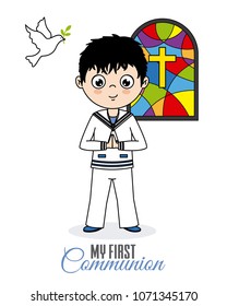my first communion. Boy praying in church
