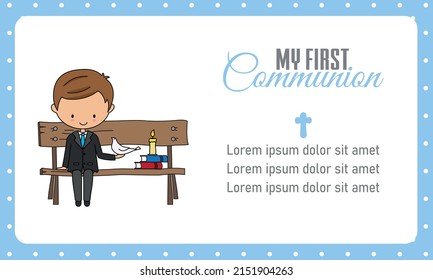 My first communion boy. Boy sitting on a bench with a white dove. Space for text