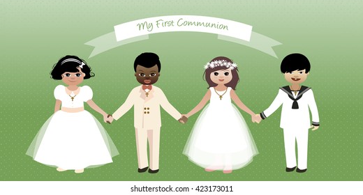 My First Communion. Boys&Girls wearing communion clothes holding hands