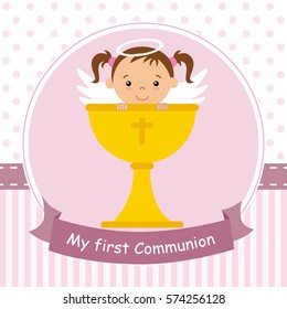 my first communion card. Angel girl with calyx