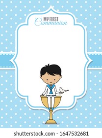 My first communion card. Boy sitting on a chalice and with a white dove