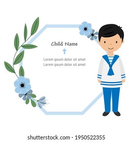 My first communion card. Boy with flower frame to enter text. Isolated vector