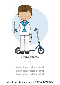 My first communion card. Boy with candle, crucifix and a scooter. Isolated vector