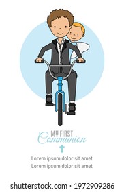 My first communion card. Boy and angel on bicycle