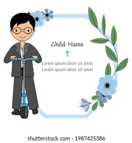 My first communion card. Boy on scooter and frame with space for text or photo	

