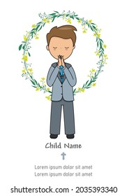 My first communion card. Boy praying. isolated vector	
