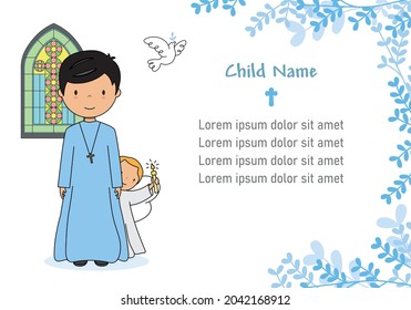 My first communion card. Boy and angel in church. Space for text