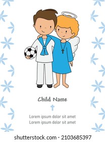  My first communion card. Boy and angel hugging. Isolated vector