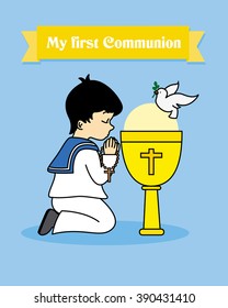 my first communion card. Boy praying together with a calyx