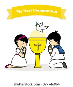 my first communion card. Boy and girl praying together with a calyx