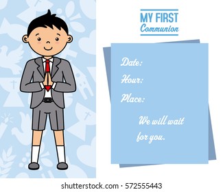 my first communion card. Boy praying. Space for text