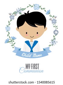 My first communion card. Child inside a flower frame