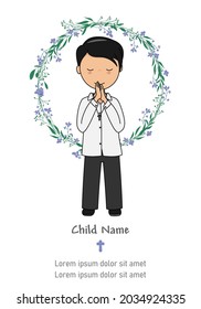 My first communion card. Child praying. isolated vector