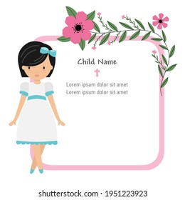 My first communion card. Girl with flower frame.