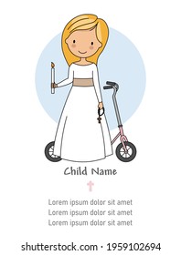 My first communion card. Girl with candle, crucifix and a scooter. Isolated vector