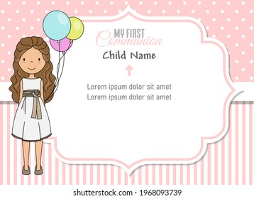 My first communion card. Girl with balloons. Frame with space for text