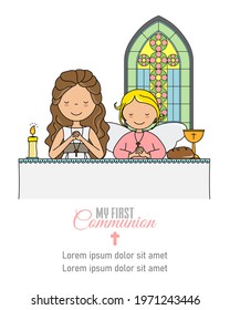 My first communion card. Girl and angel praying in church