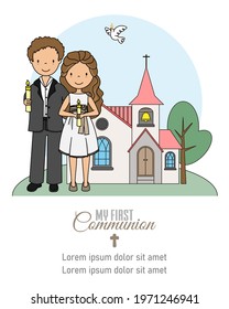 My first communion card. Girl and boy with candles in front of the church