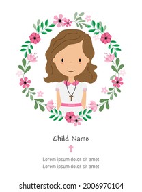 My first communion card. Girl inside flower frame