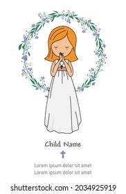 My first communion card. Girl praying. isolated vector