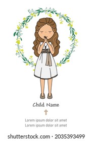 My first communion card. Girl praying. isolated vector	
