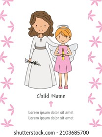 My first communion card. Girl and angel. Isolated vector