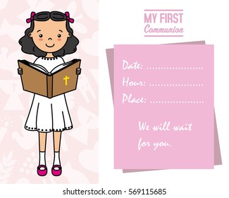 my first communion card. Girl reading the bible