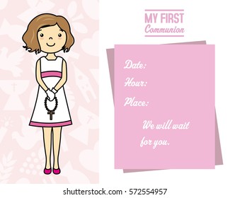 my first communion card. Girl with rosary. Space for text