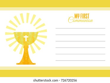 my first communion card. Golden polygonal chalice. space for text