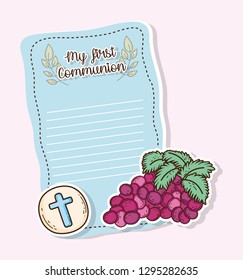 my first communion card with host wafer and grapes