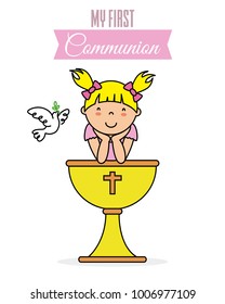 my first communion card. Little girl with a chalice