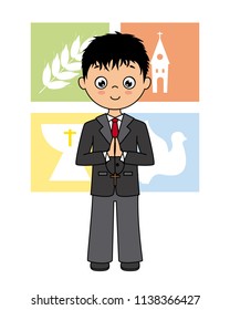 My first communion card. Praying boy with religious icons behind